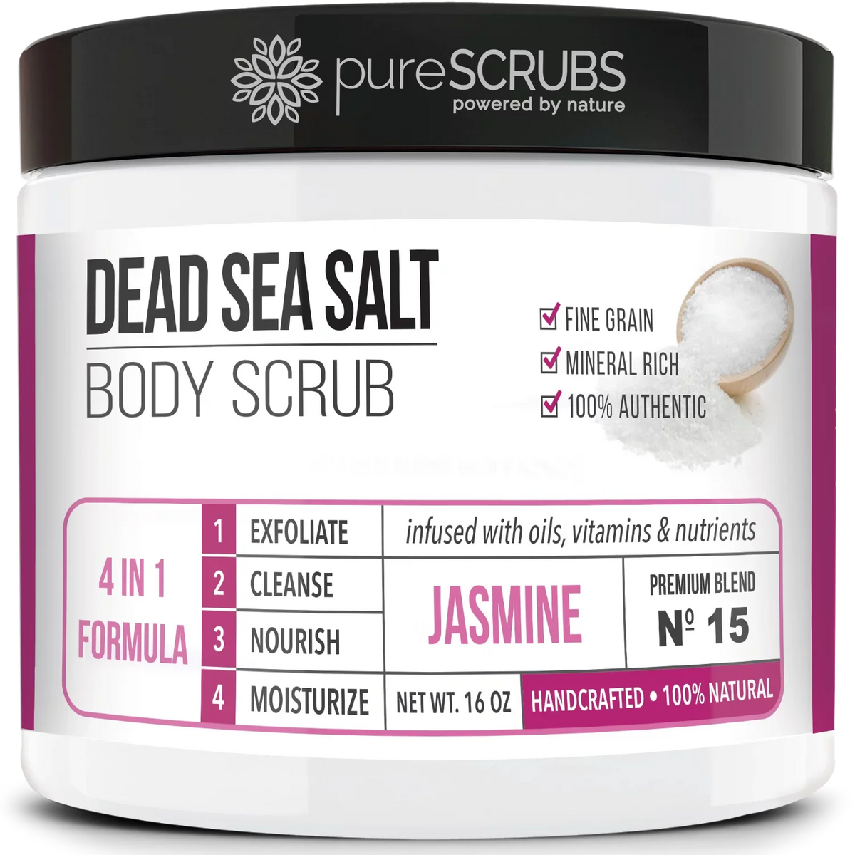 Nutrients Organic Organic + Loofah SCRUB JASMINE Large 16oz Spoon, Soap & With Wooden Bar Infused pureSCRUBS Premium Essential Pure Oils Sea Body & Mini BODY - Dead Exfoliating - FREE Scrub Salt Set