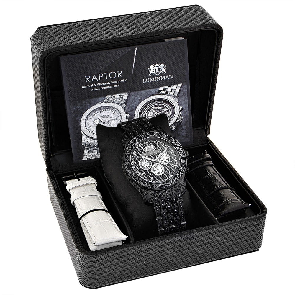 Men's Leather Quartz Watch Stainless Metal Diamond Steel plus Strap Accent Extra Band Black