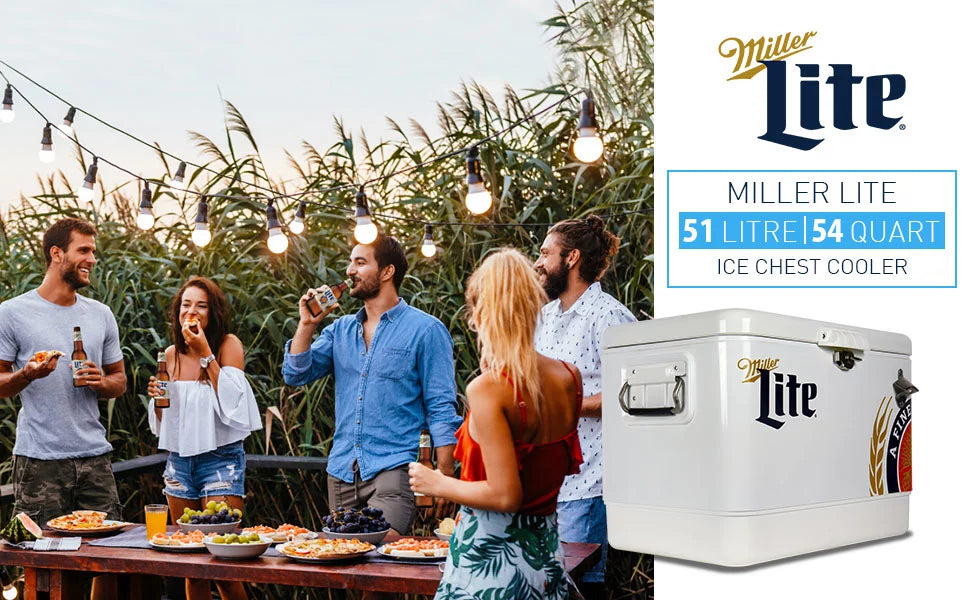Tailgating, BBQs, RV, and steel-belted Lite Cooler Miller Can with Portable Camping, 51L (54 Cooler, 85 Blue, Beach, White Bottle Chest Opener, Fishing Beverage QT), Ice for