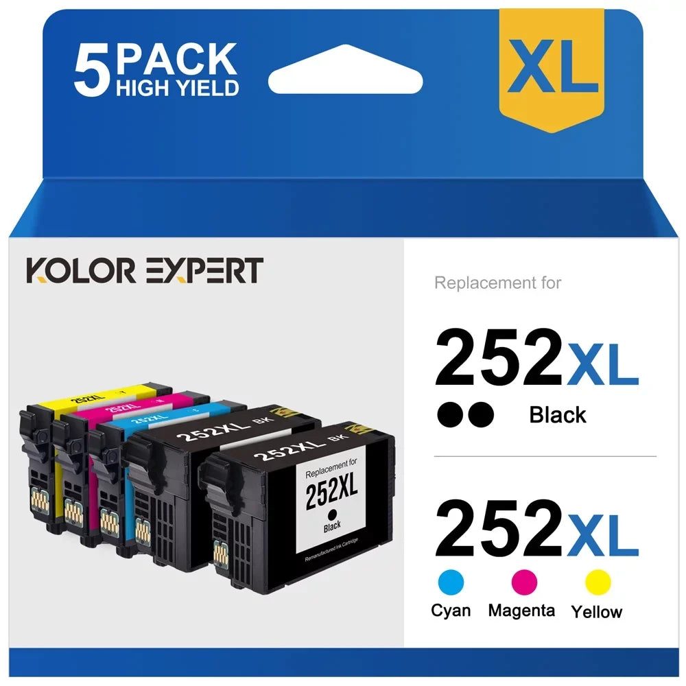 252 WF-3620 Workforce WF-7610 252 WF-7620 Ink WF-7710 Epson with use Magenta Ink Printer Cyan WF-3640 to (Black WF-3630 for WF-7110 Cartridge 252XL Yellow,5-Pack) XL
