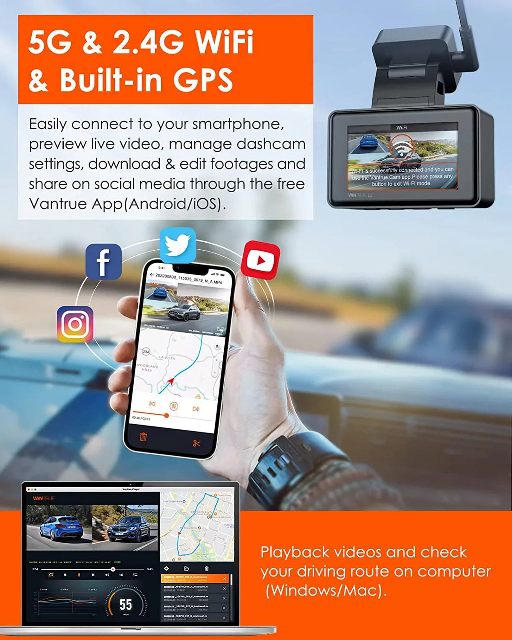 Car Camera, with Rear 2.5K WiFi, Support Motion GPS 1944P+1944P Cam E2 Voice Detection, Control, Vision, Front Parking Dual Vantrue & and Buffered 5G Capacitor, Dash Enhanced 24hrs Night 512GB Mode,