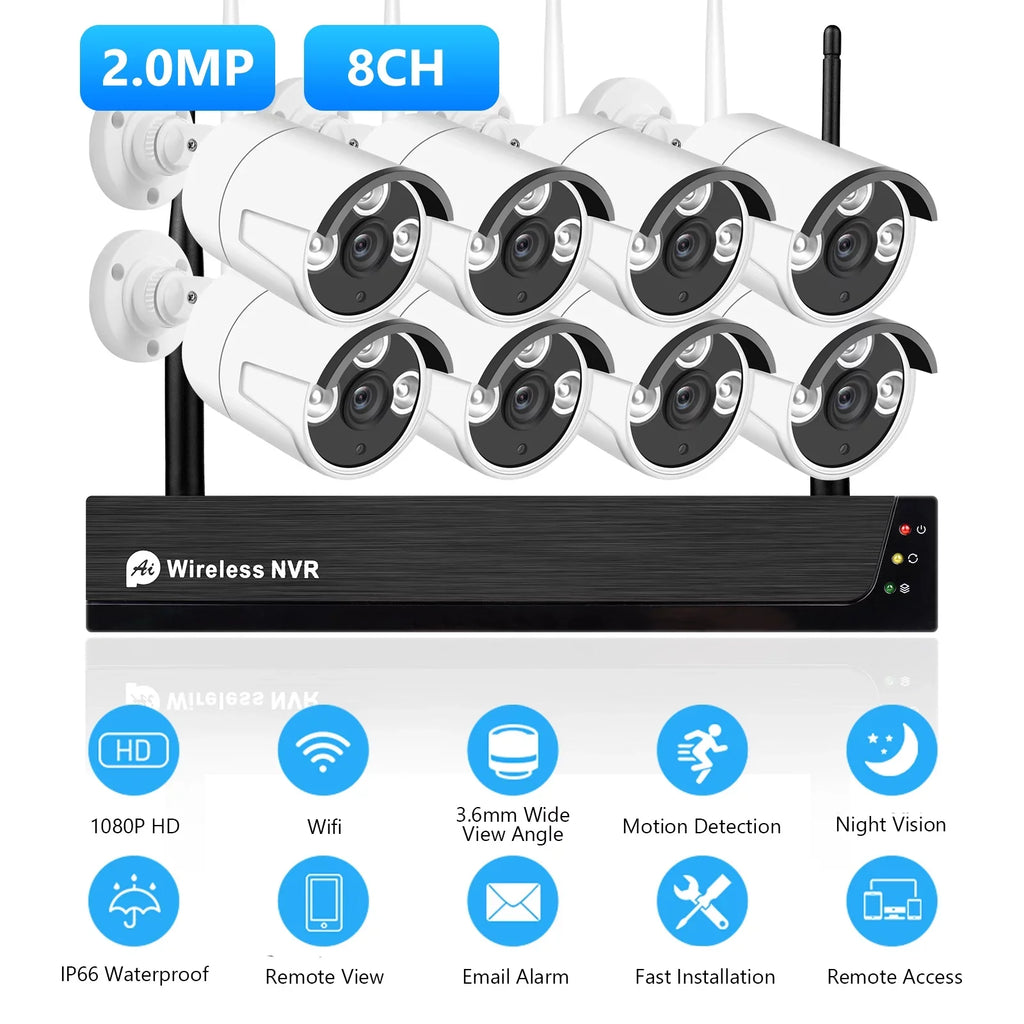 Motion 8CH Remote Hard exterior 8PCS Night with Tuya NVR No Smart Indoor MIXFEER Cameras Alert, Access, CCTV System, Camera 1080P Wireless Vision, 2.0MP 1080P 8Channel App 1080P IP + Drive