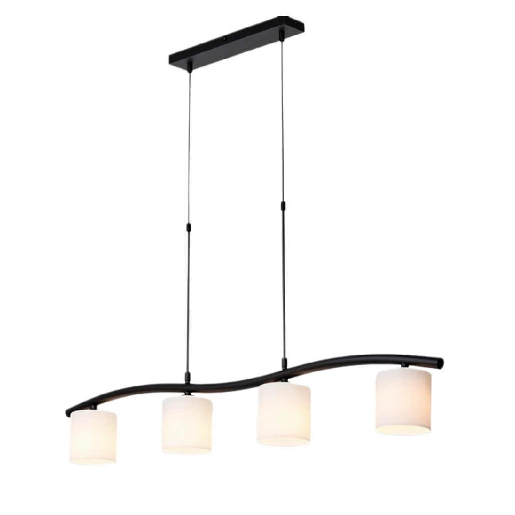 **Moderne Hanglamp met Vier Witte Glasarmen en Zwart Frame**