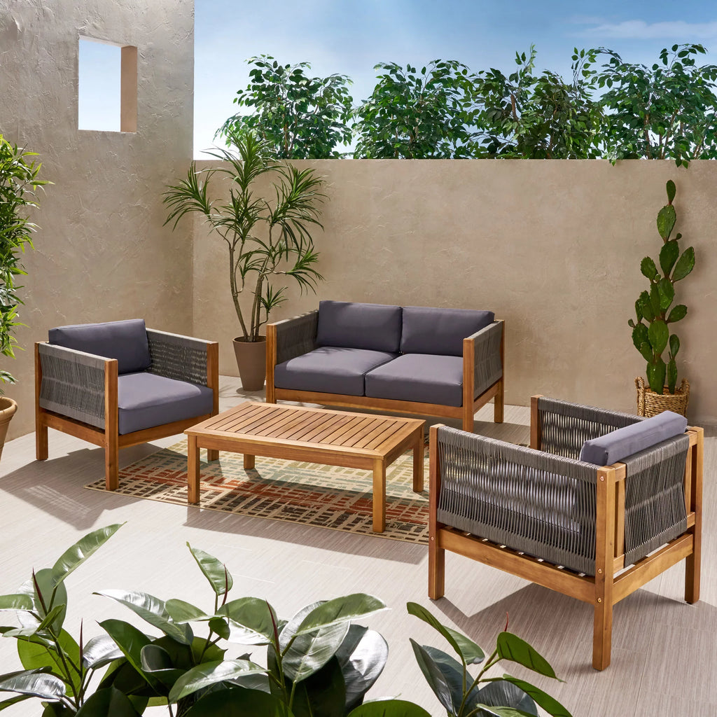 Outdoor Wood Acacia Rope Charlotte with Studio and 4 and Chat Seater Cushions, Set Teak Gray