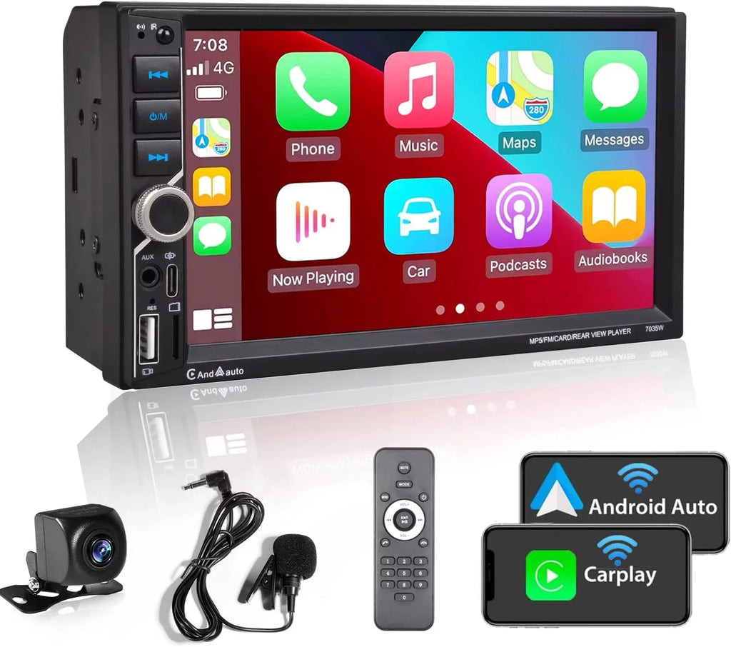 USB,7" FM Voice Din Radio Wireless Camera,Bluetooth Auto,Type-C Receiver Stereo,Compatible CarPlay/Android DSP Double Link,Backup Car with Mic Audio Touchscreen,Mirror Control,External Alondy AUX SD