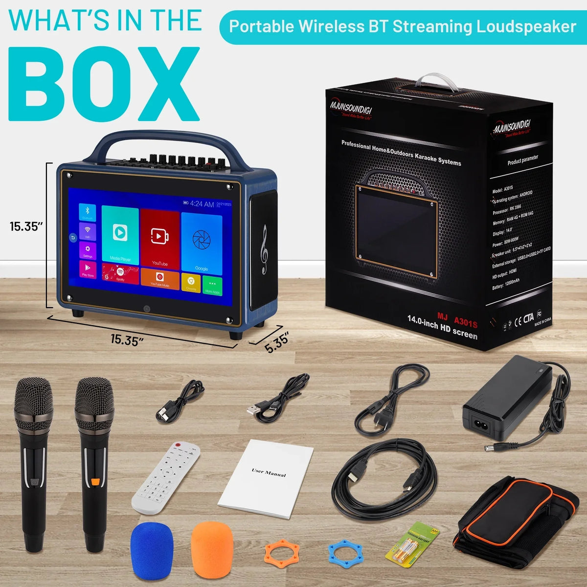 Adults&Kid,14”HD Streaming Machine Loudspeaker Wireless 12/4+64G,Support Portable Systems Screen/Android for Touch Karaoke BT Microphone/WiFi/USB/SD/PC/TV/Phones/HDMI