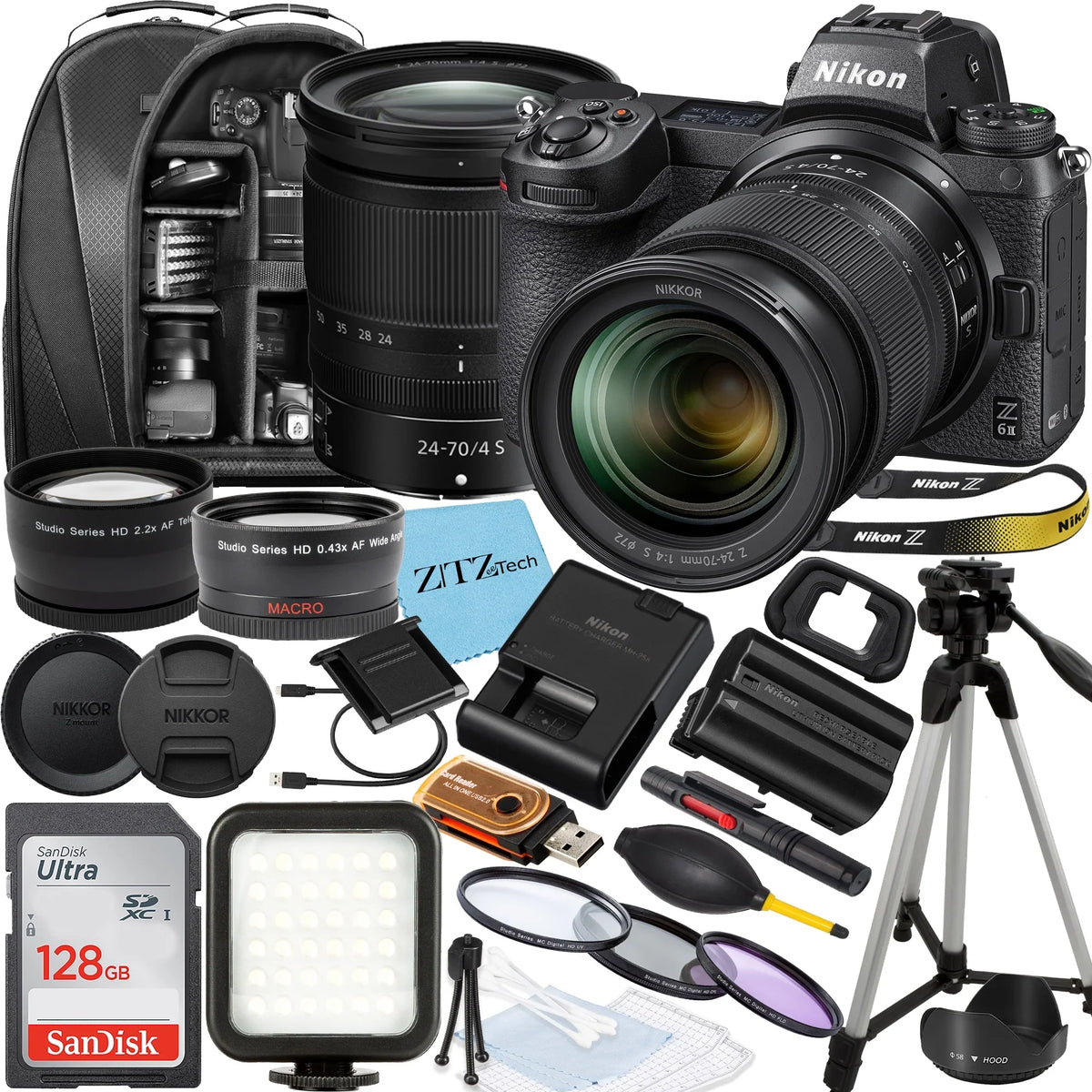 Z6 Mirrorless Memory 128GB Accessory II Camera Tripod Bundle 24-70mm Backpack, Card, f/4 S Nikon Z Flash, with Lens, SanDisk NIKKOR and ZeeTech