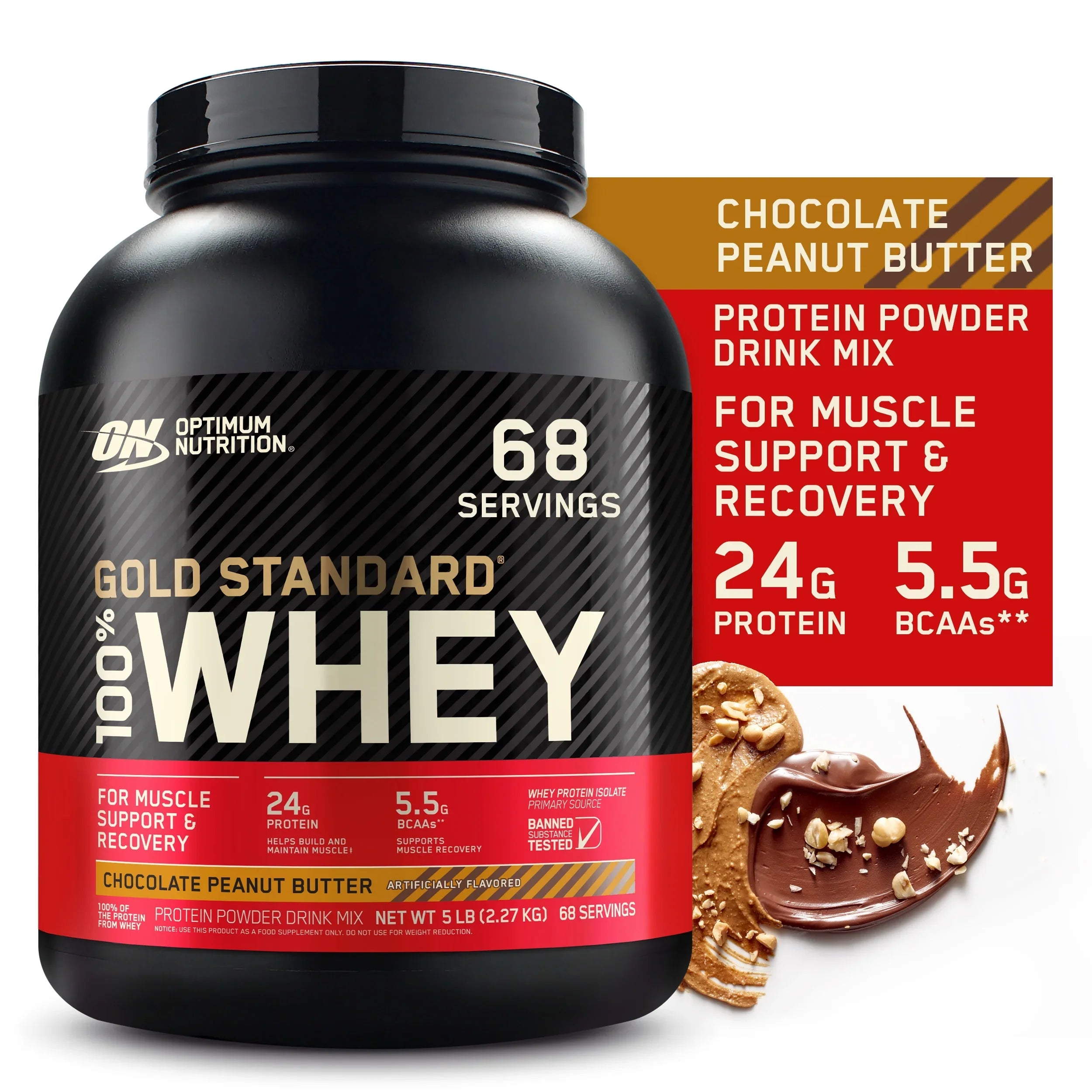 Chocolate Whey Gold Servings Standard Powder, Peanut 100% 5 Butter, lb, Nutrition, Optimum Protein 68