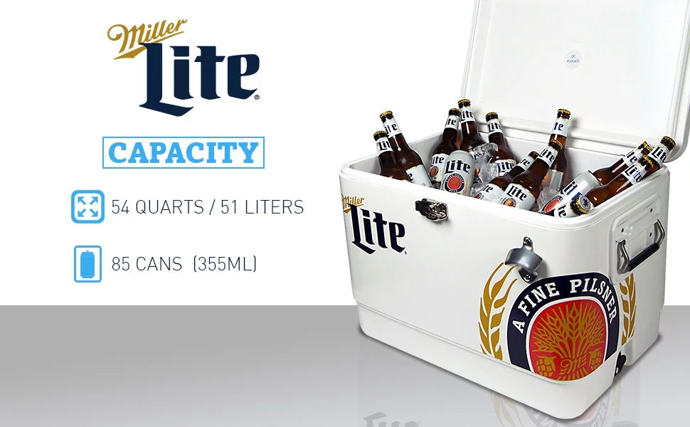 Tailgating, BBQs, RV, and steel-belted Lite Cooler Miller Can with Portable Camping, 51L (54 Cooler, 85 Blue, Beach, White Bottle Chest Opener, Fishing Beverage QT), Ice for
