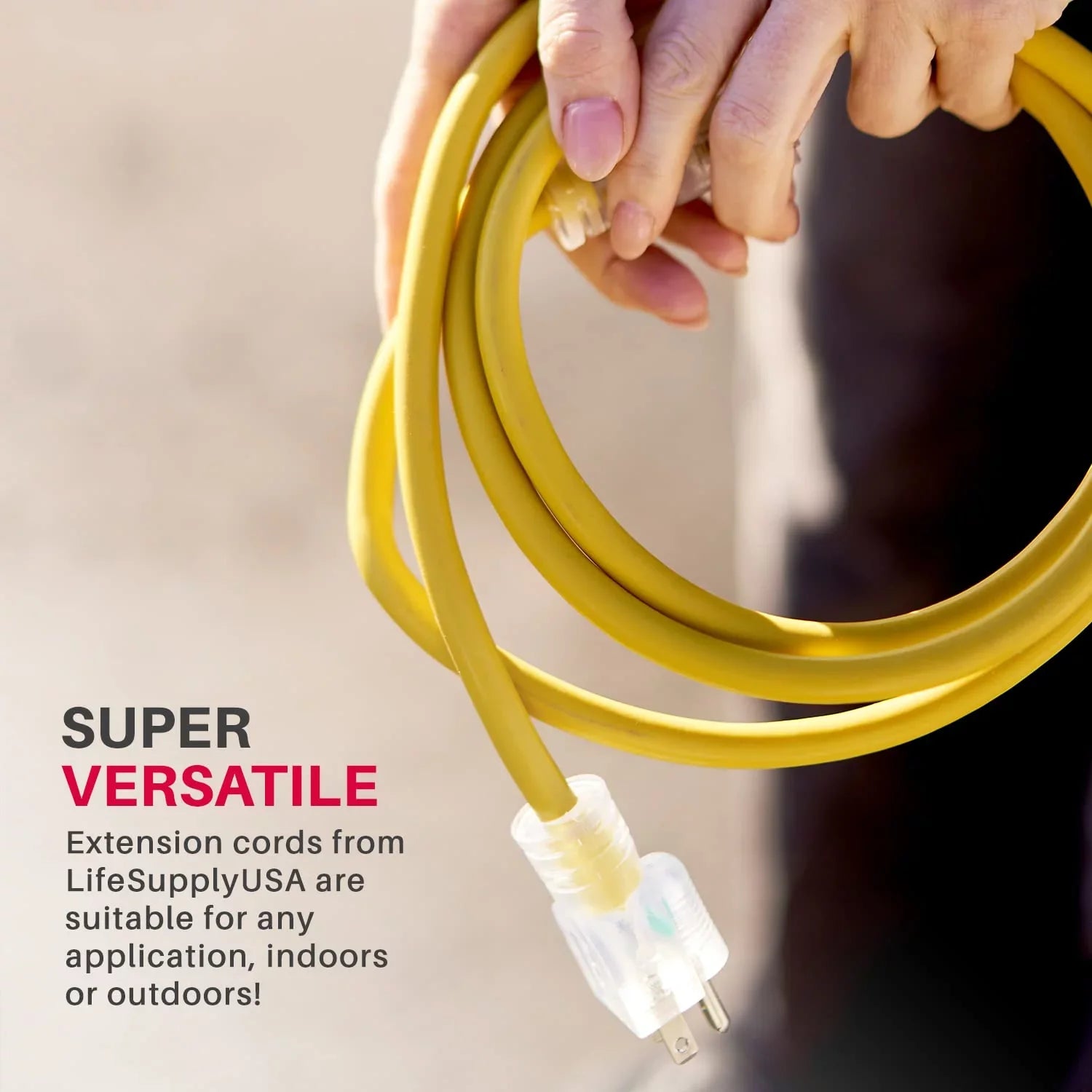 Yellow 3 Gauge, 1250W, Durable , & Flexible, Abrasion Oil 16 Cord 100 & Extension Lighted, Plug 125V, ft Smart - Fits. Prong, Use, 10 Outdoor Indoor LifeSupplyUSA Defensive,