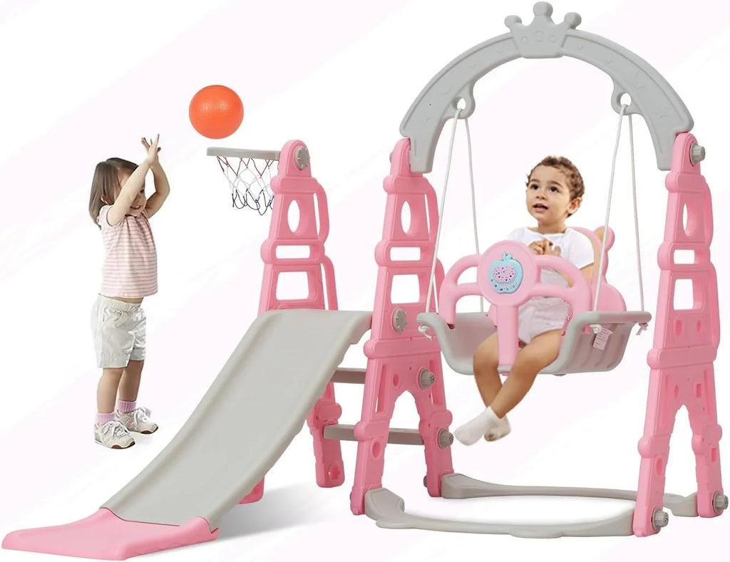 Set, Stairs, Indoor 1 Slide Kinbor for Basketball Climber Slide Extra Easy Toddler Pink in & Slide Baby Playset with Playground Outdoor 5 & Hoop, Swing Climb Long
