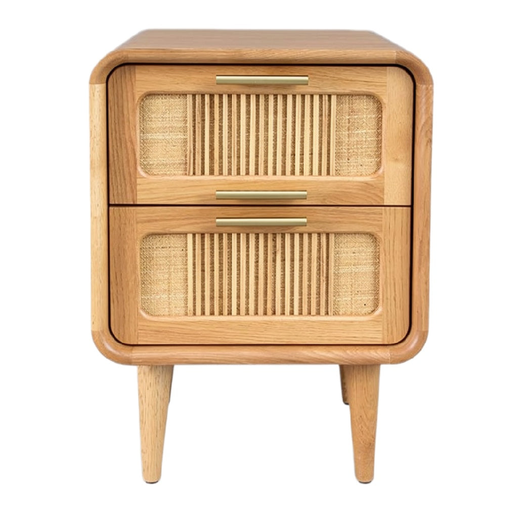 "Moderne Houten Nachtkast met Rieten Deuren en Messing Handvatten"