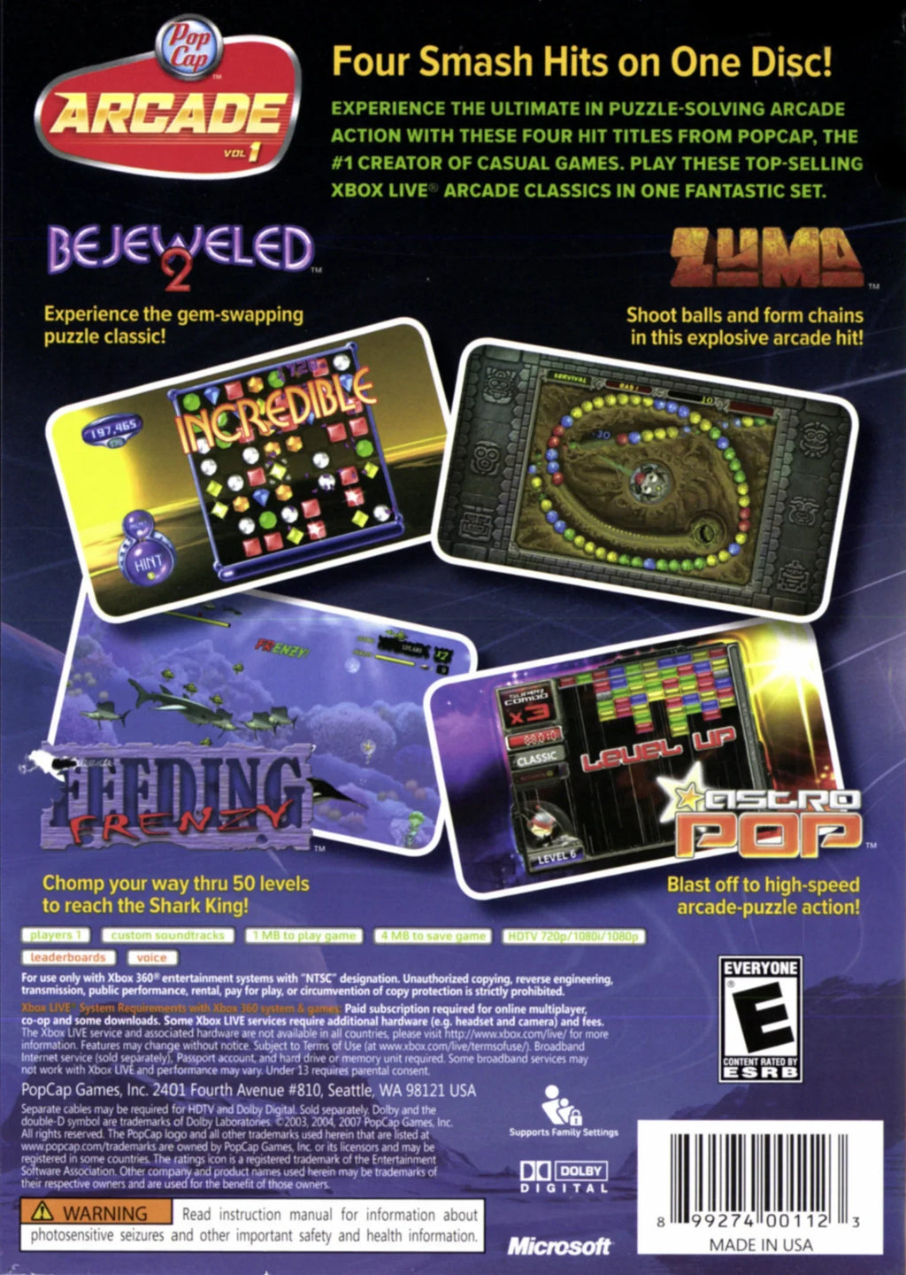 Xbox Volume PopCap 1 Arcade 360 -