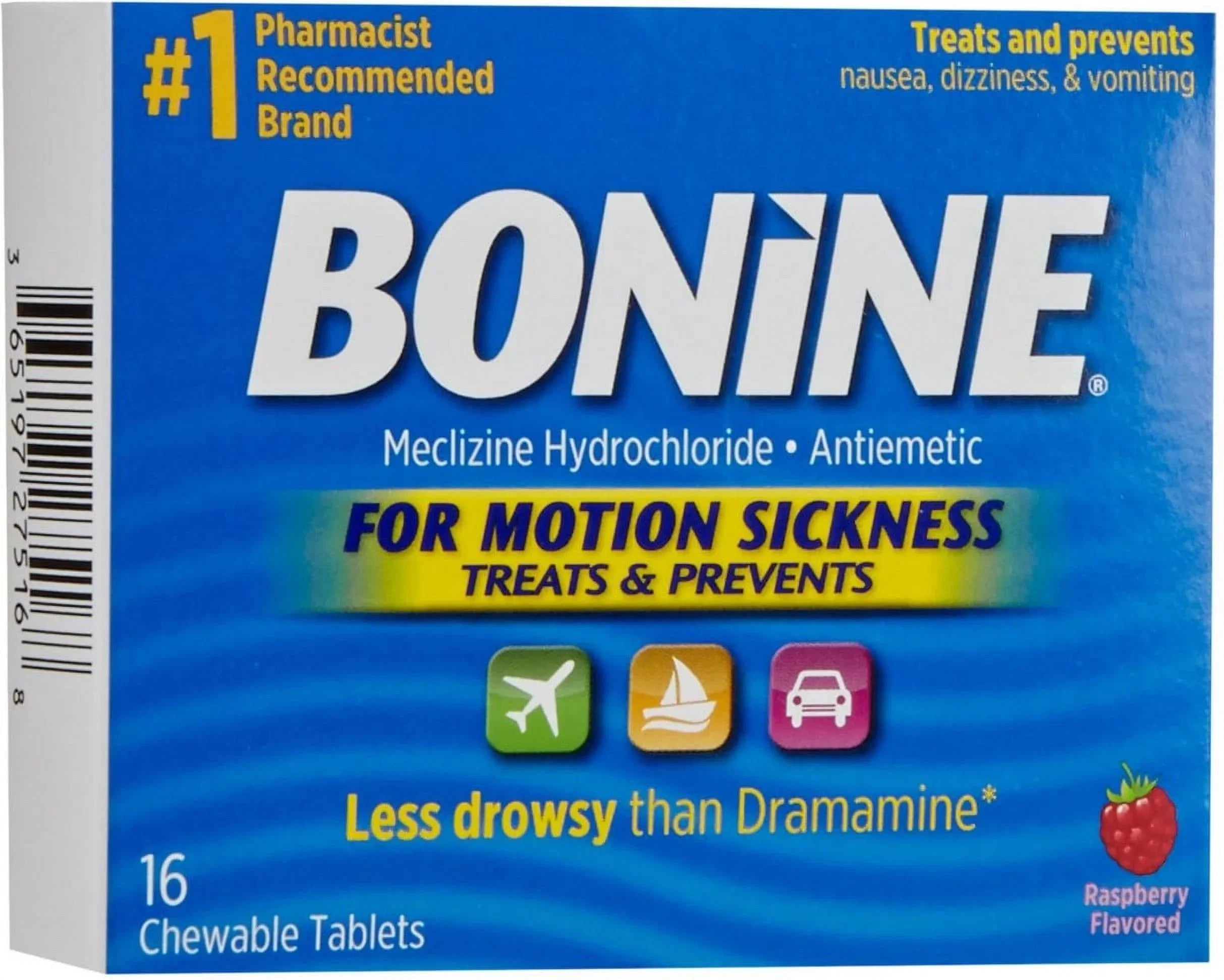 Bonine Raspberry 3) 16 for (Pack of Chewable Motion Tablets Sickness, ea