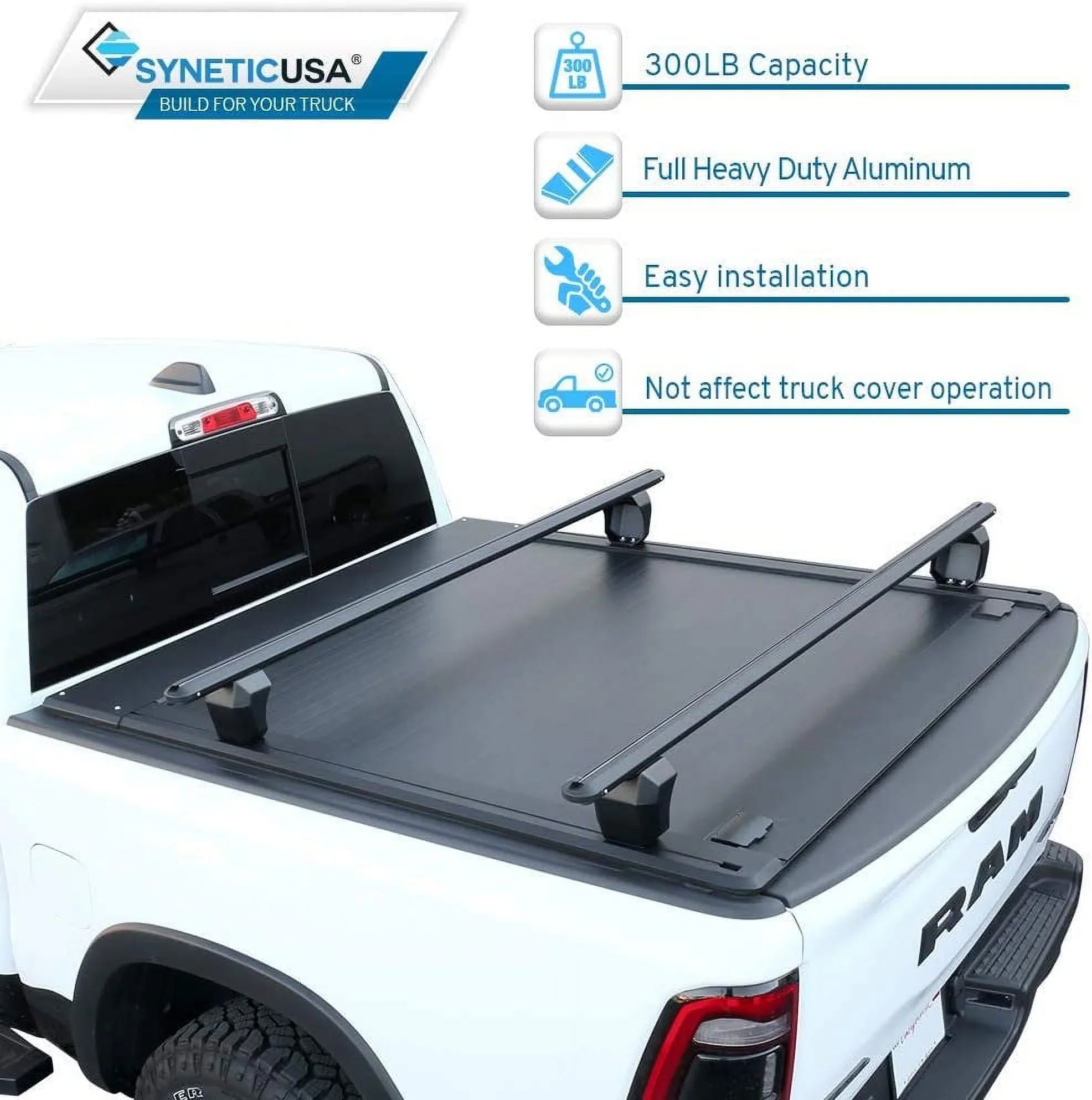 Off Black Shield Matte Cross with (67.4”) 1500 Moistureproof Low Retractable Tonneau Aluminum Bed Profile 2019-2022 Ram Road Syneticusa Bars 5'7" Fits Hard
