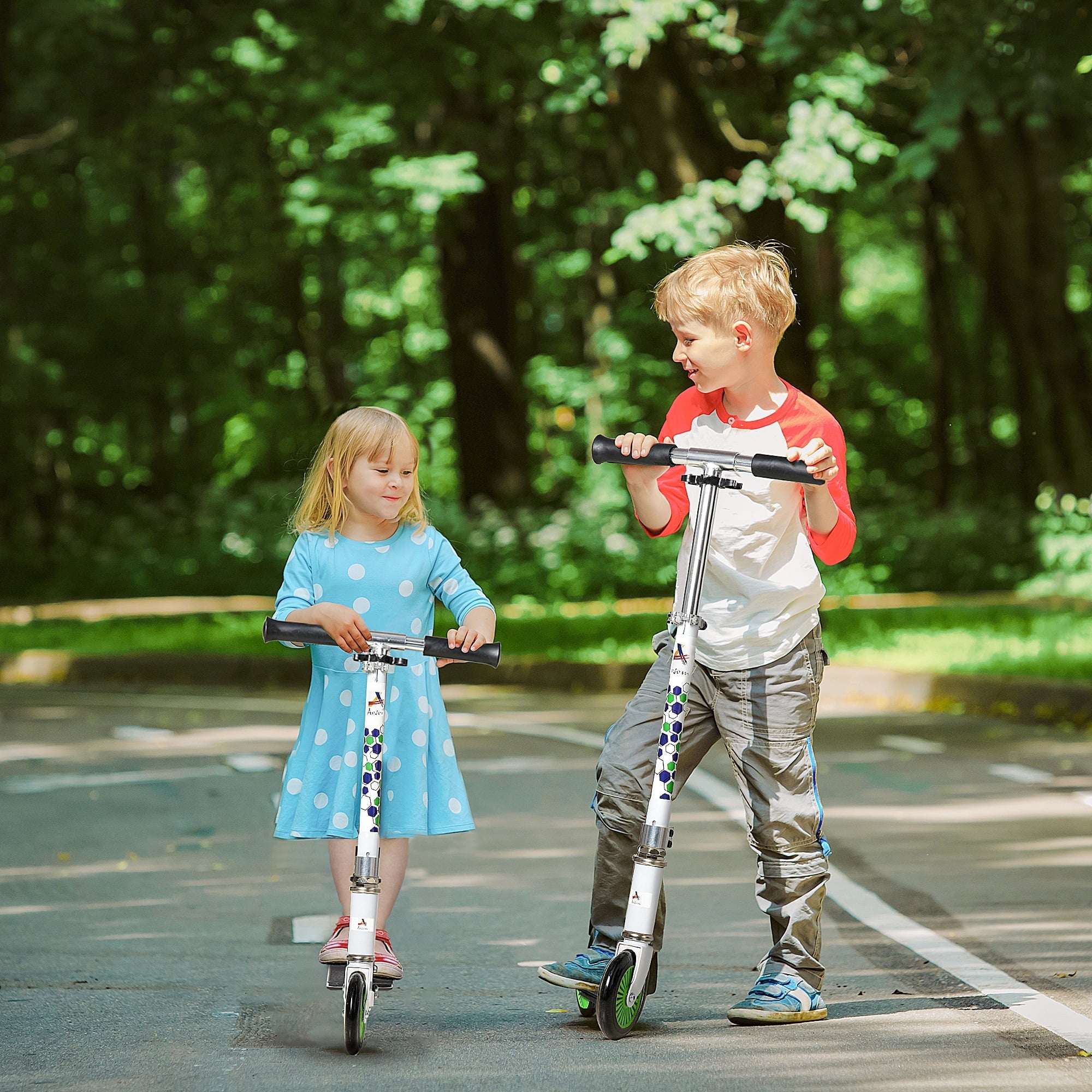 One-click Push Aosom Scooter Folding Handlebar, Kick w/ Kickstand, System, Girls, and & Adjustable with for Kids Boys Rider Dual Brake Durable Bearings, White Wheels Sturdy