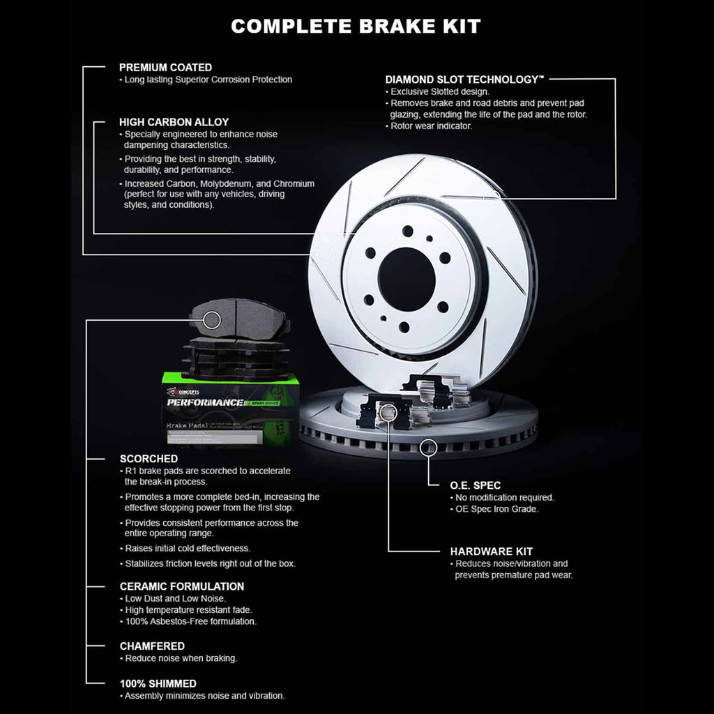 Front Kit|fits |Front Hardware Brake Rotors| 2007-2015 Brake Sport Q60 R1 and Kit G37, Pads G35, Rotors Brakes Pads| and Rotors Performance and Brake Concepts Pads|