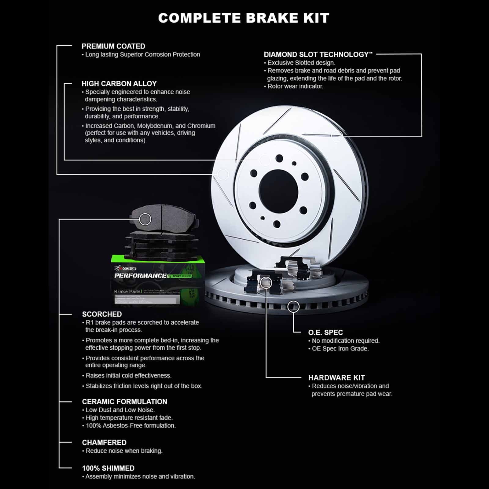 Front Kit|fits |Front Hardware Brake Rotors| 2007-2015 Brake Sport Q60 R1 and Kit G37, Pads G35, Rotors Brakes Pads| and Rotors Performance and Brake Concepts Pads|