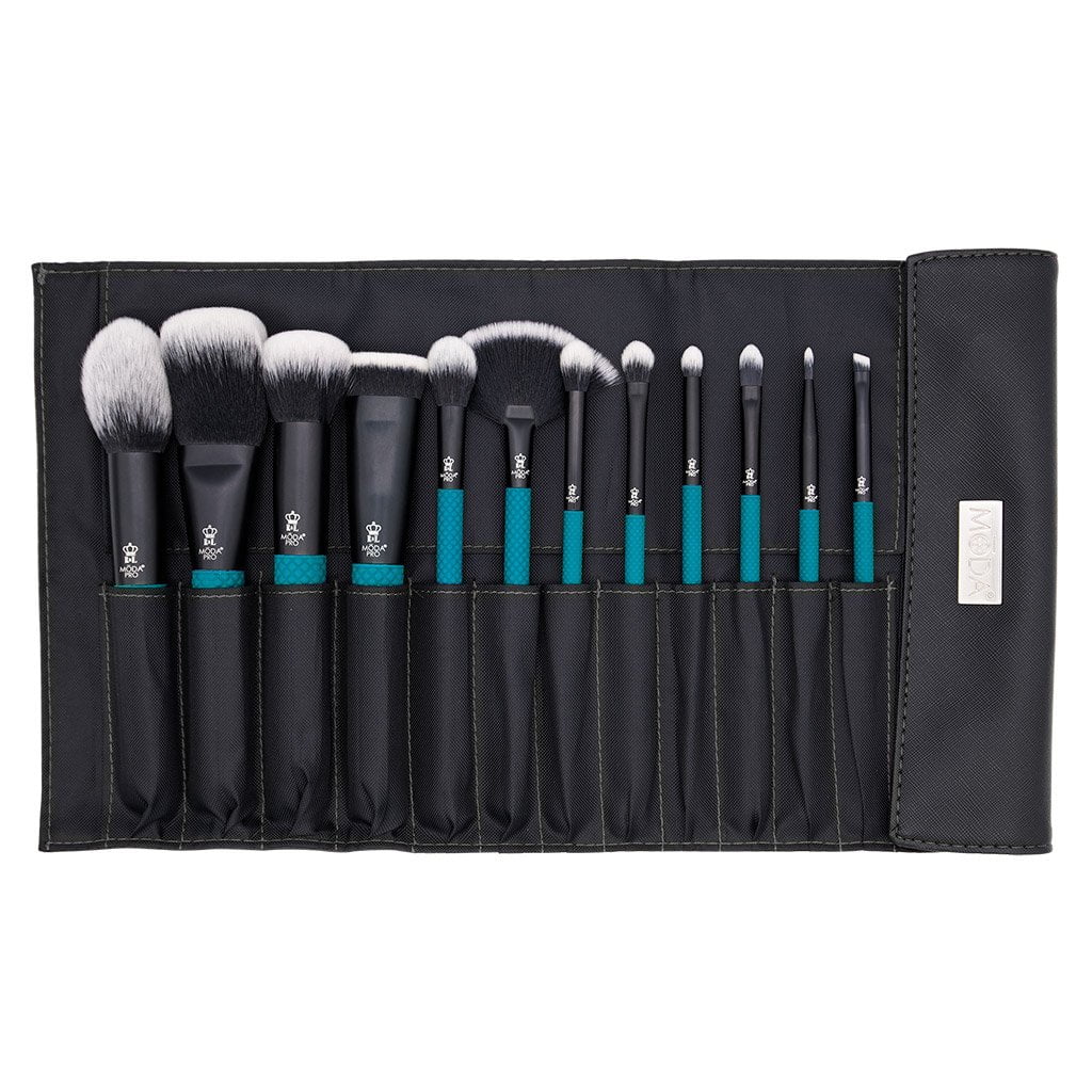 Crease Brushes Brush Highlight, Wrap, and Face Moda Flat 13pc Brush with Powder, Teal Includes Set Full Makeup Pro Makeup