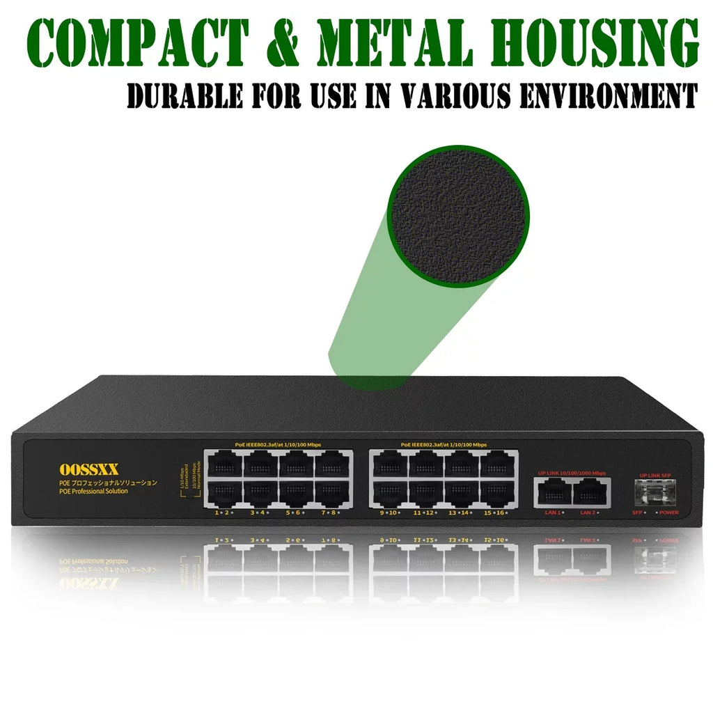 exterior Powered Networking Unmanaged Internet POE Switches Up-link/1 Fiber Computer SFP) Hub PoE+/2 Ethernet Network Gig Port Switch, Router, Extender Port Passthrough Power 16 (16
