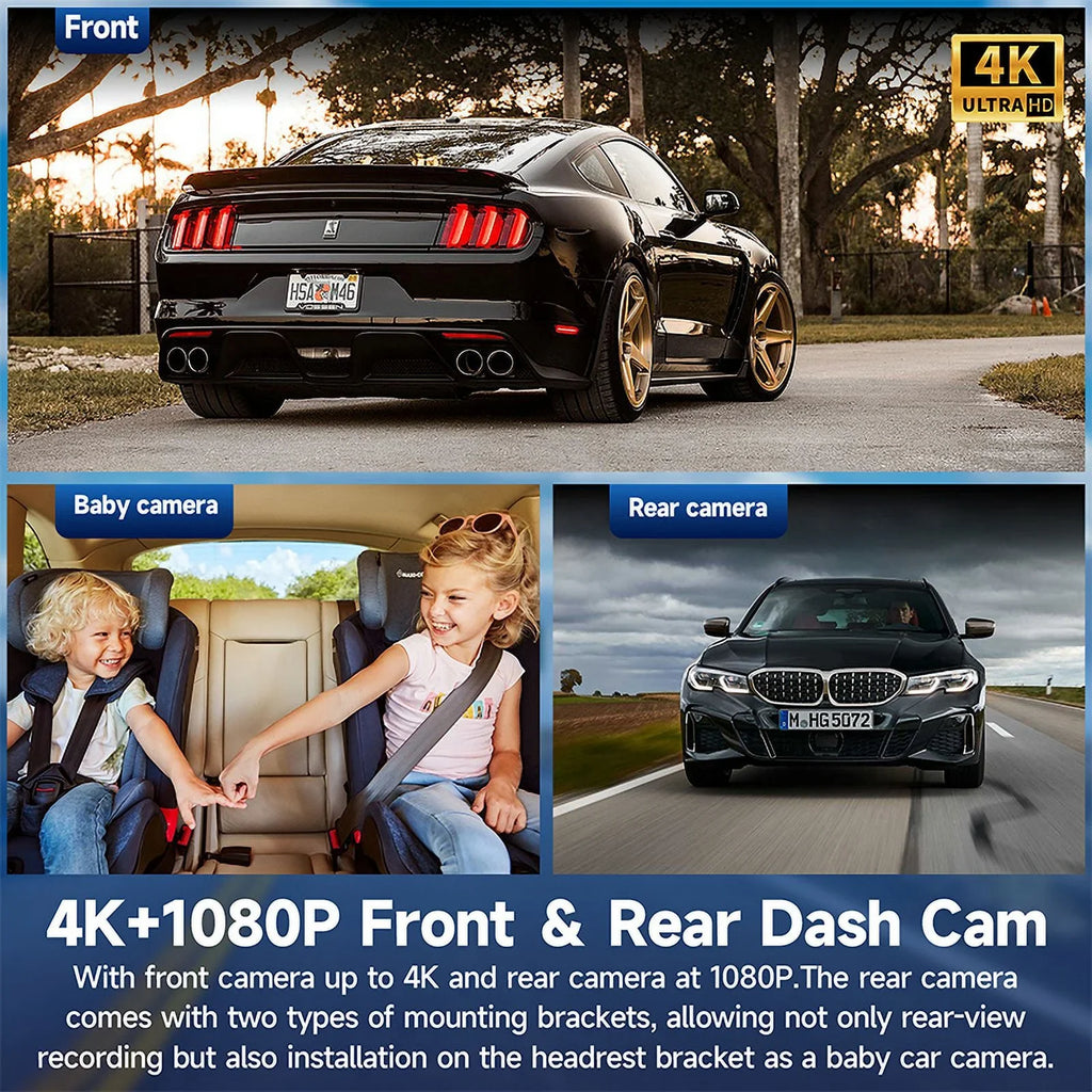 Stereo Camera Car and Front 9.3" Head CarPlay Unit Cam ＆Android Screen Wireless with Receivers Car GPS CL860 Rear Navigation Spedal CarPlay 4K Portable Stereo Dash Auto Bluetooth Rear- 1080p