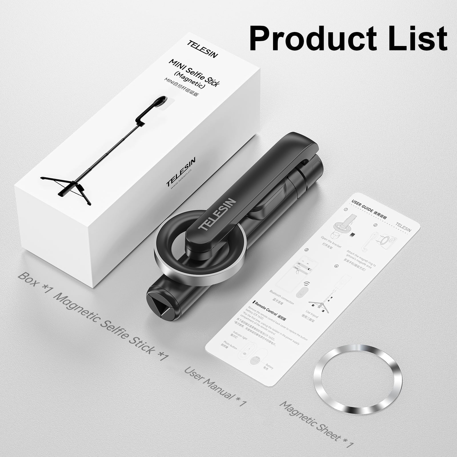 , Remote Selfie with Magnetic Tripod, for 27.1 inch Rotation Stick Control