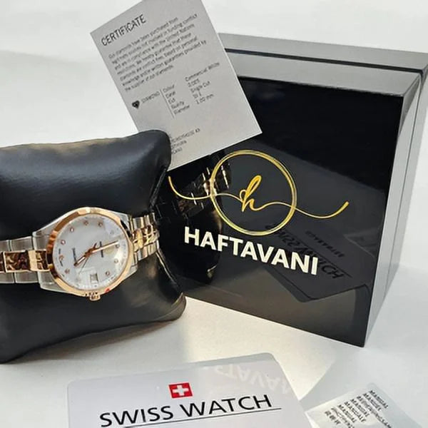 Swiss Lady Haftavani Quartz Steel Face Watch Stainless - Queen With Made Diamonds Diamond Gold Marble -100M Silver-Rose - Genuine Moistureproof Bicolour –