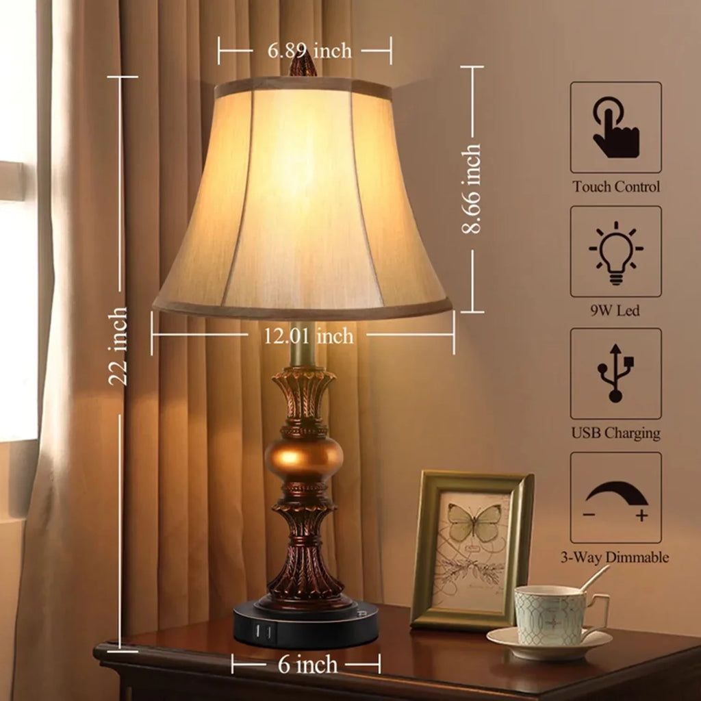 Control Lamp Traditional of Bulbs 2 Bedside 2 Table Dimmable Bedroom Port 4 Nightstand with Lamps, Set Free Sets Lamp 3-Way Nictiv Wooden Lamp with Touch