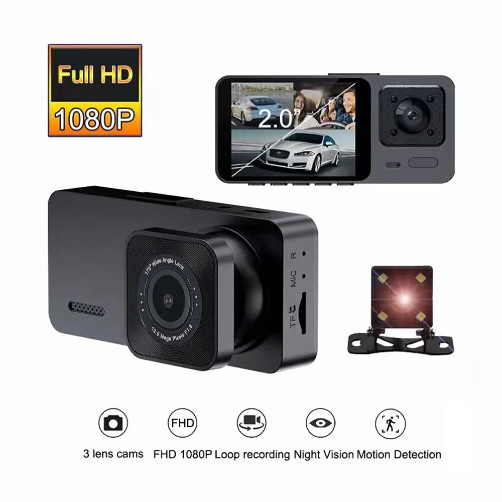1080P Lens Car Dash Lens Camera 3 Video Cam G-sensor Dual Recorder Front/Rear/Inside