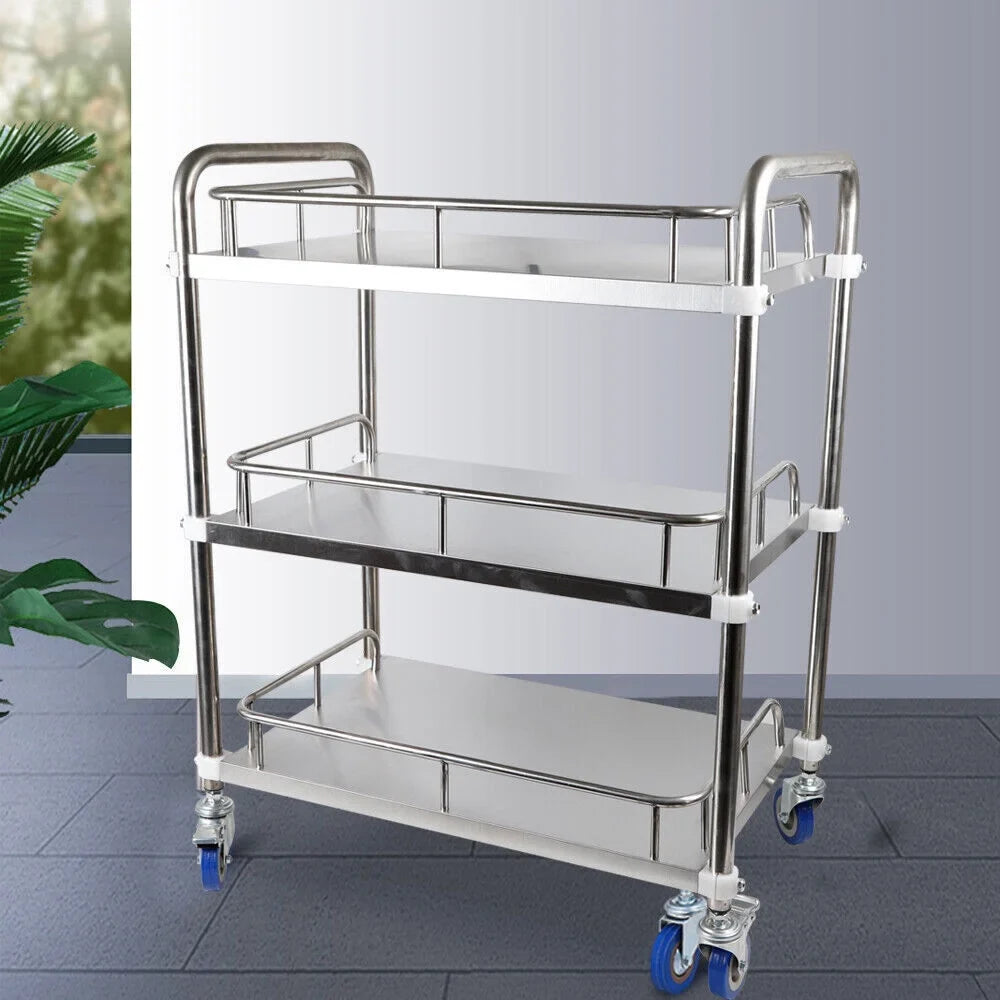 Home Trolley Layers Serving Shelves for Hotel Rolling Cart Locking Household Mobile Lab Use Steel Shelf Utility with 3 Cart Restaurant Storage Cart Multifunction Silent Silver Stainless Wheels