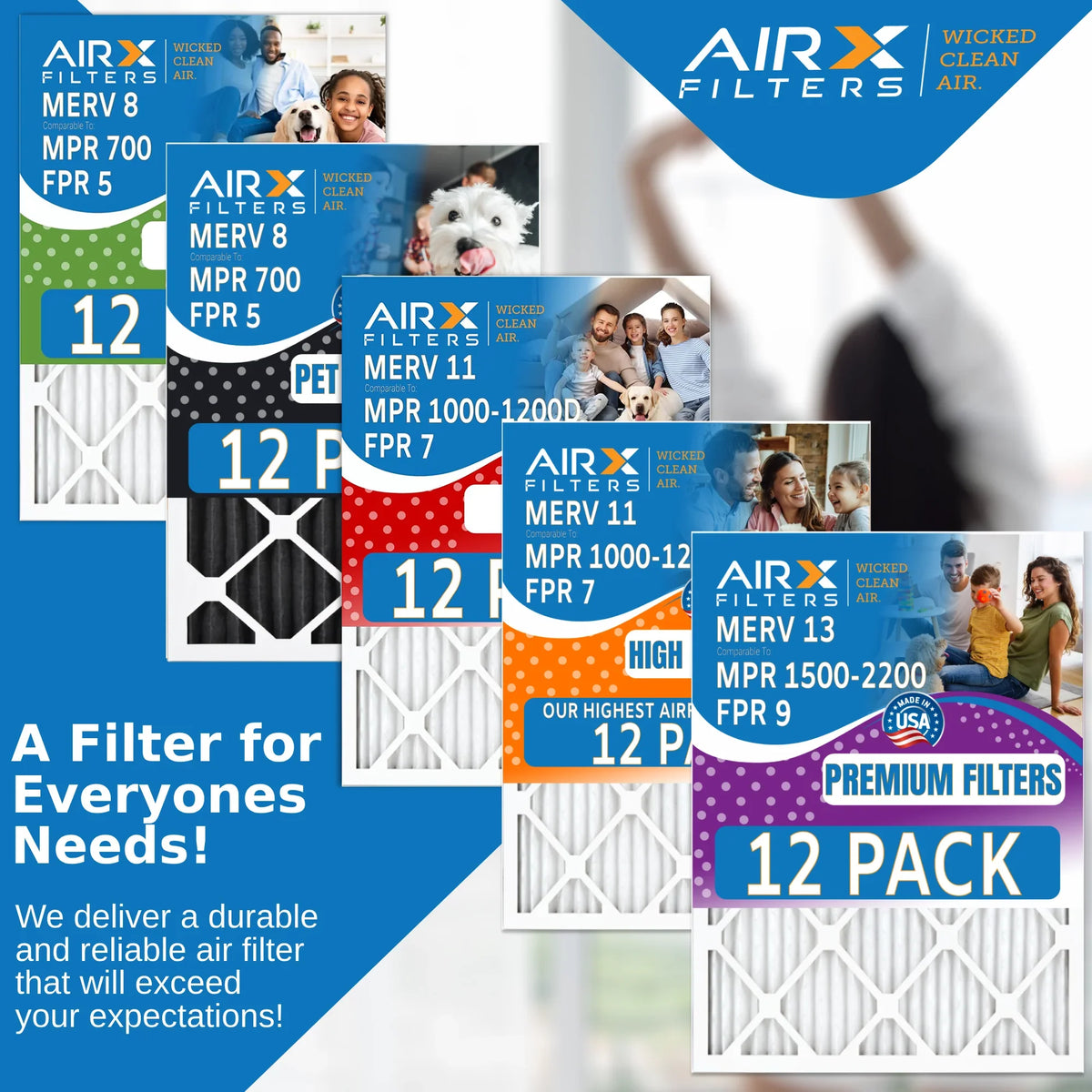 Rating, 12 & - by to CLEAN 9 Pack Comparable in MPR AIR. USA of FILTERS Made Filters WICKED Air Filter FPR 12x12x1 Furnace 13 AIRX 1500 - MERV 2200