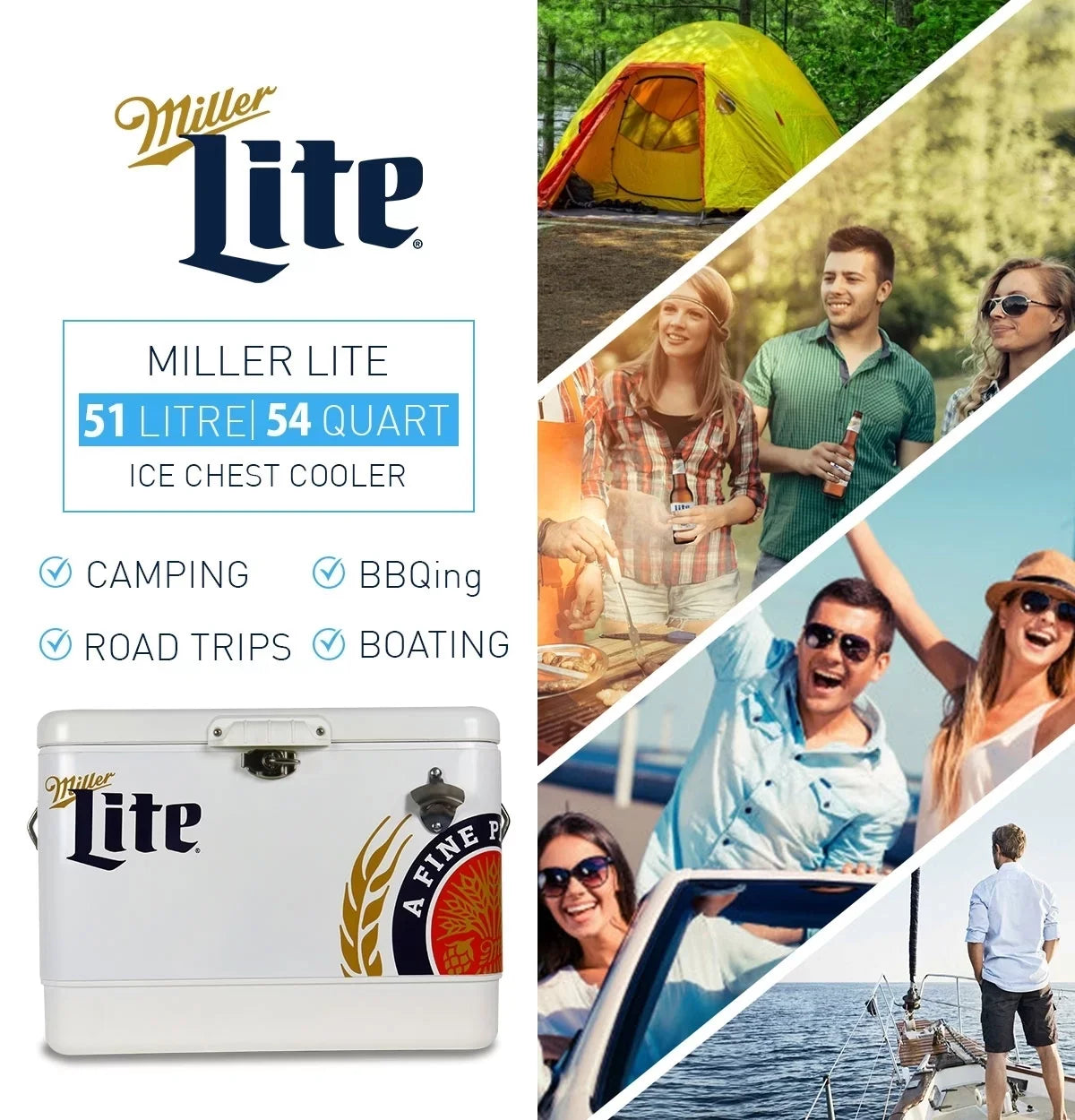 Tailgating, BBQs, RV, and steel-belted Lite Cooler Miller Can with Portable Camping, 51L (54 Cooler, 85 Blue, Beach, White Bottle Chest Opener, Fishing Beverage QT), Ice for