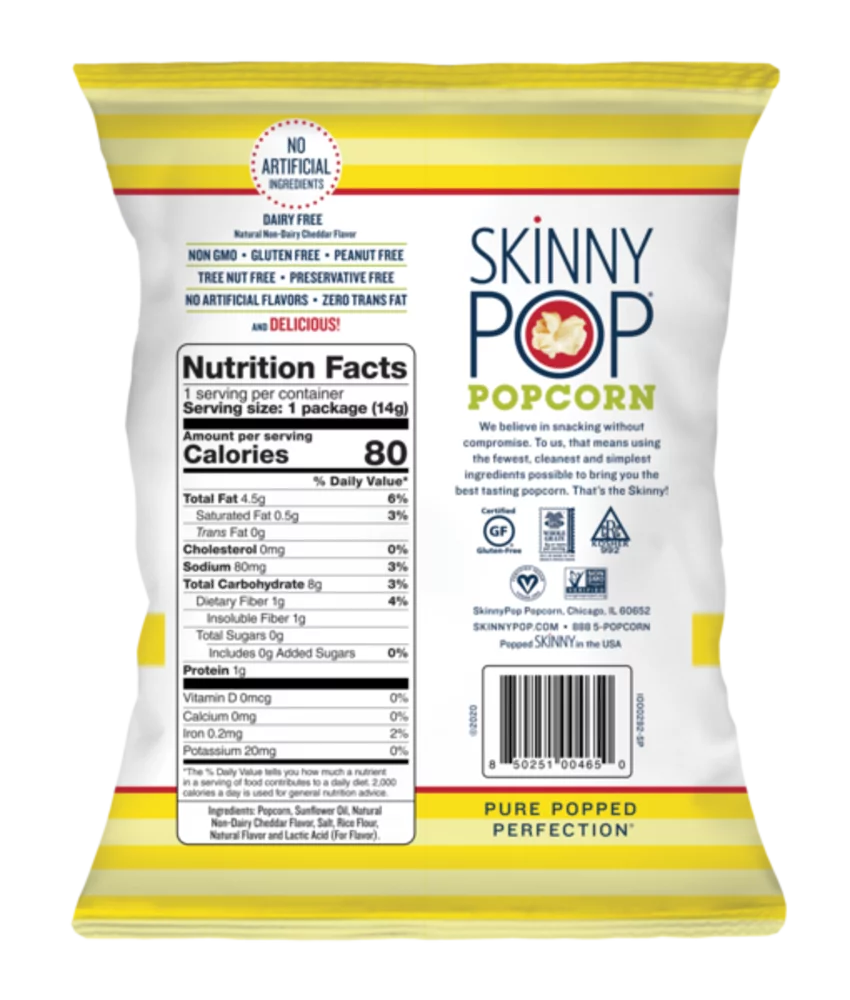 SkinnyPop Pack, Popcorn Variety Original Cheddar 0.5 Count 40 oz, Gluten-Free White and