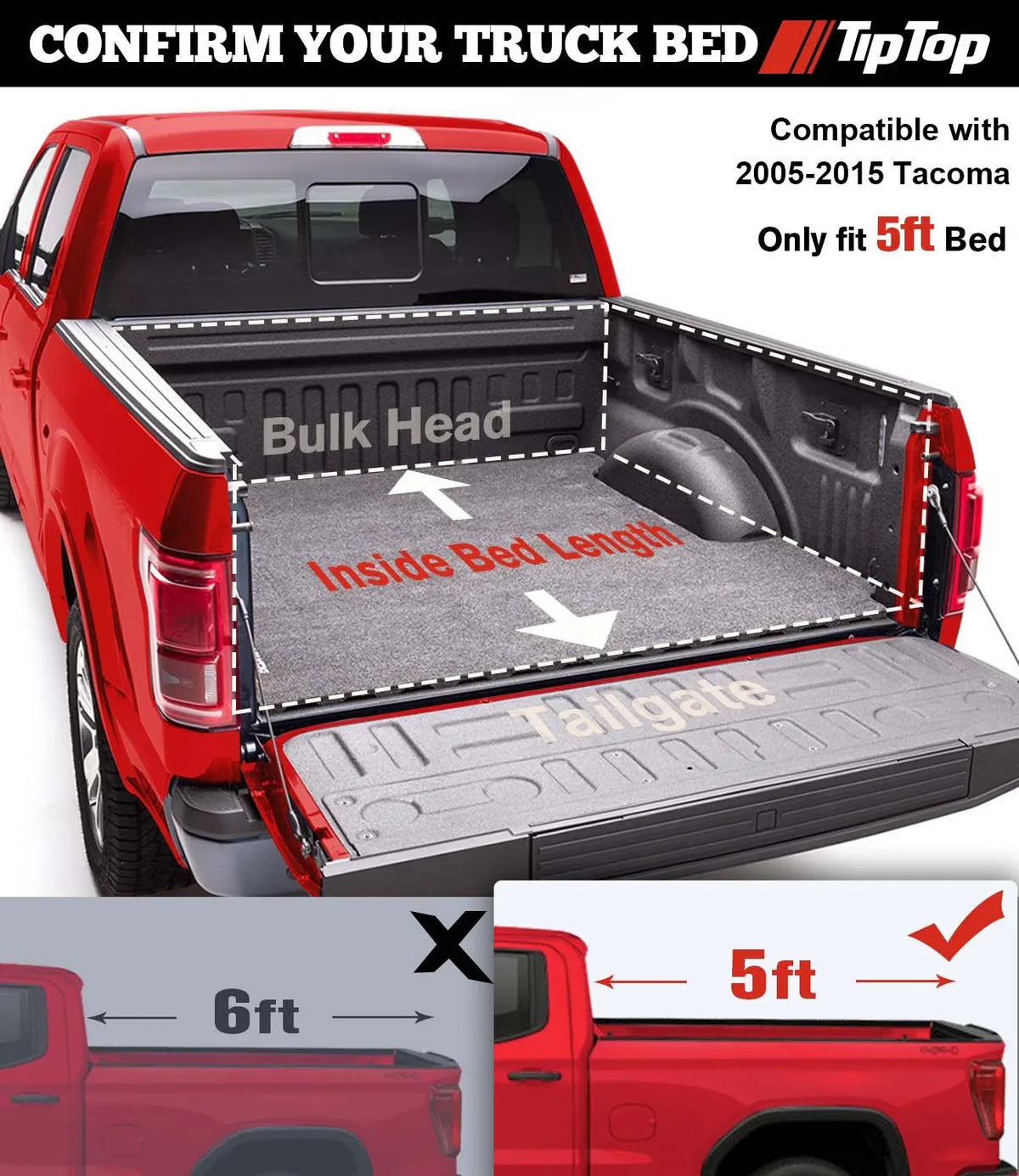 Tri-Fold With Hard Bed FRP |For On (60.3") The Deck 5ft Without 2005-2015 Tacoma Top | System| TPM3 Tonneau Cover Rail TIPTOP Truck or For Bed Models