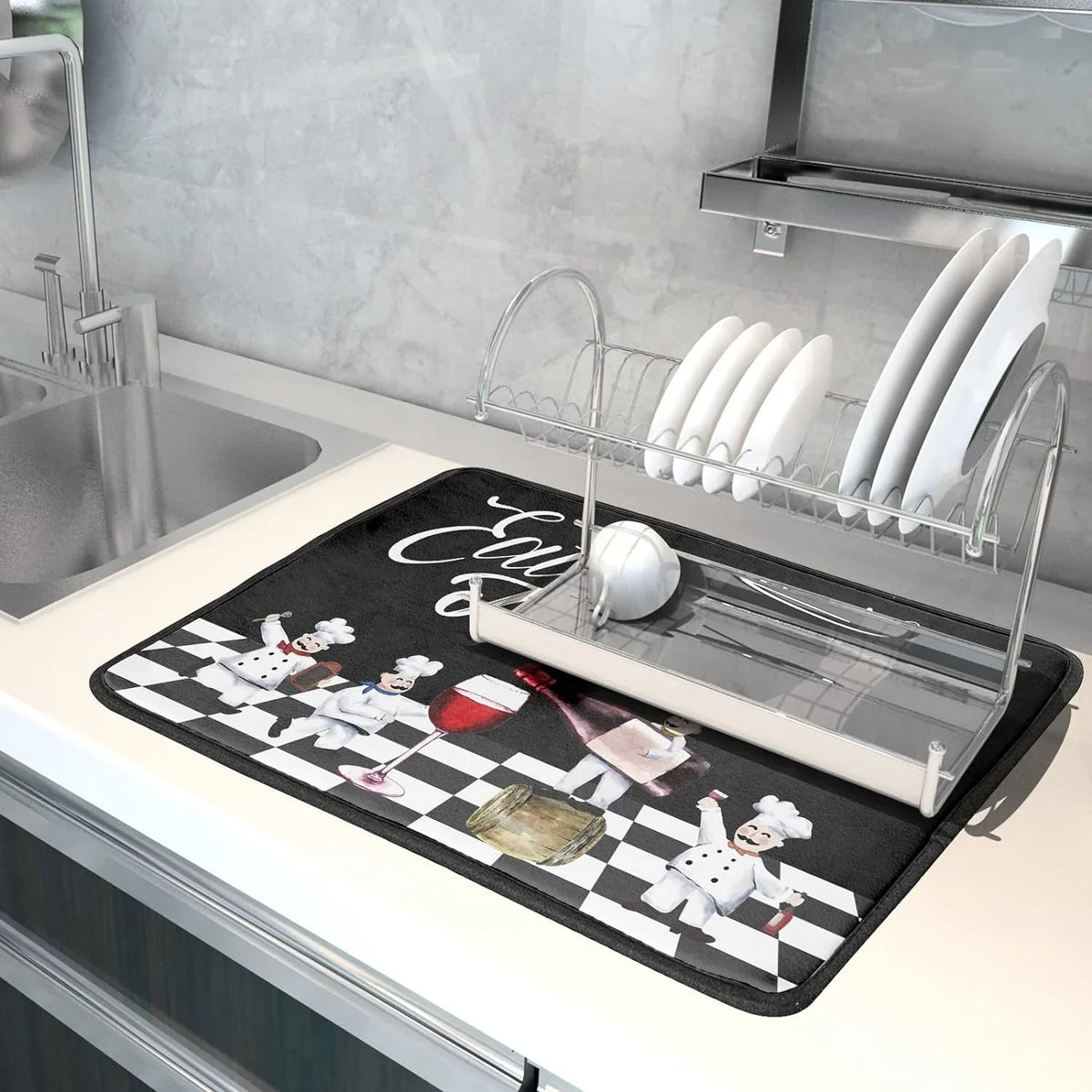 Dish Wine White Cook Kitchen Fatigue Chef Plaid Pasta Red Drainer Black Bistro Mats Dish Buffalo Anti Italian Pad Glass Drying Wellsay Dishes 18x24 Fat Chubby Mat Decor Check Plump Drainer Mat Rack