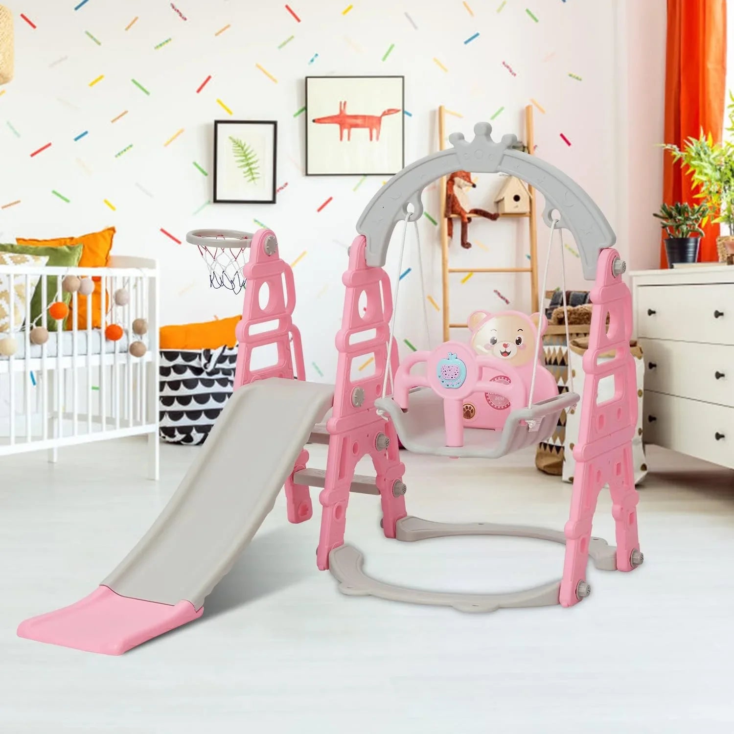 Set, Stairs, Indoor 1 Slide Kinbor for Basketball Climber Slide Extra Easy Toddler Pink in & Slide Baby Playset with Playground Outdoor 5 & Hoop, Swing Climb Long