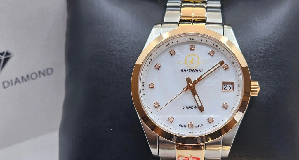 Swiss Lady Haftavani Quartz Steel Face Watch Stainless - Queen With Made Diamonds Diamond Gold Marble -100M Silver-Rose - Genuine Moistureproof Bicolour –