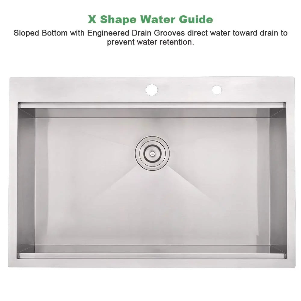 Drop-In Steel Bowl Holes Single with Faucet Sink Kitchen Stainless 2 30''