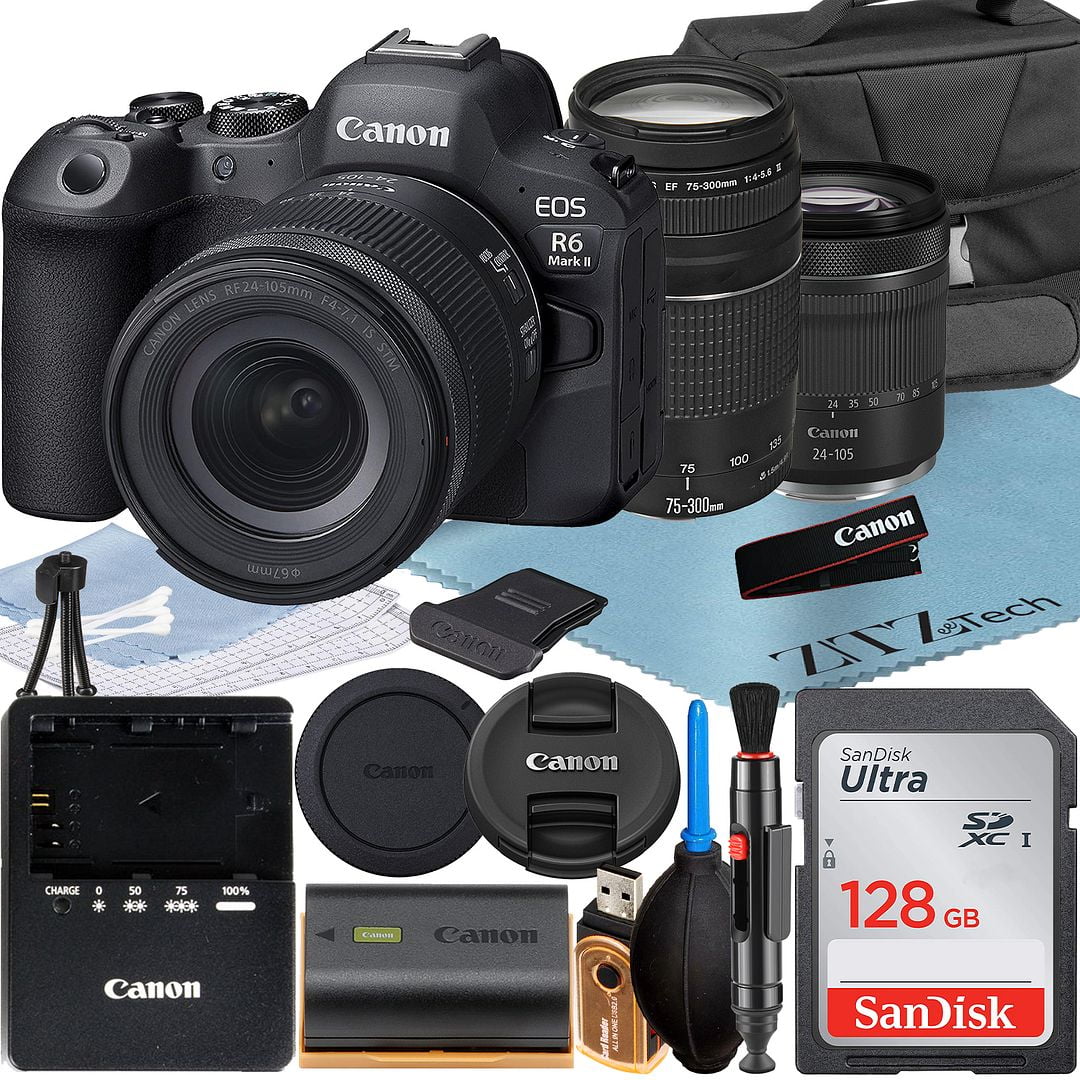 '+ R6 ZeeTech SanDisk Mark Canon Mirrorless + Case Memory Bundle Accessory + Flash+ + with Camera 75-300mm Lens 128GB 24-105mm Card