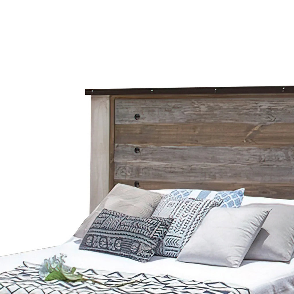 Round Fena Size Wood Black King Distressed Brown Bed, Multicolor Nailheads, Benjara