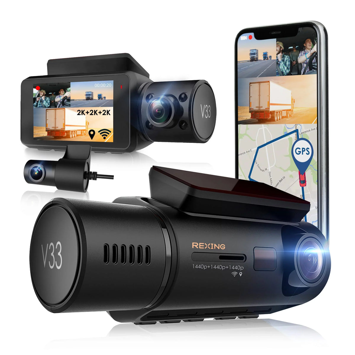 GPS with 1440p+1440p+1440p V33 & Rear 3 Rexing Built-in Dashcam Front, and Channel Camera Cabin Wi-Fi