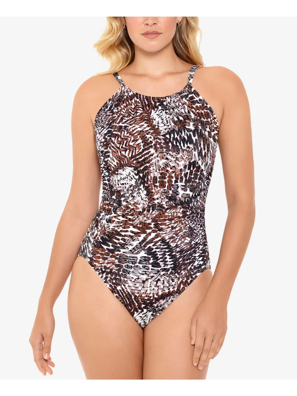 10 SWIM SOLUTIONS Women's Piece Halter Control One Tummy Swimsuit Brown Printed