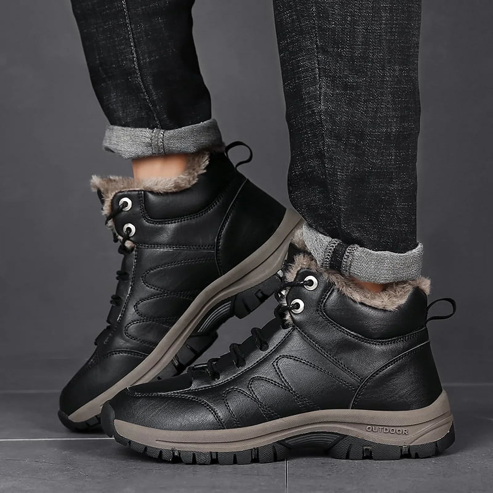 Moistureproof Boots Work Size Lopsie Outdoor Boots Hiking 11 Men's Black/Brown Leather Genuine Snow