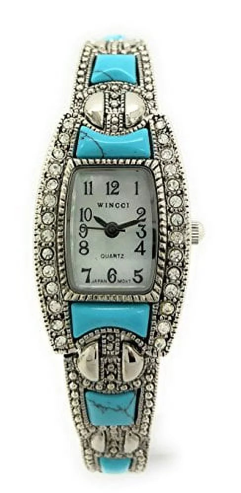 Ladies Pearl Dial Square Watch Bracelet Stones Wincci Link Turquoise) Fashion (Silver Metal