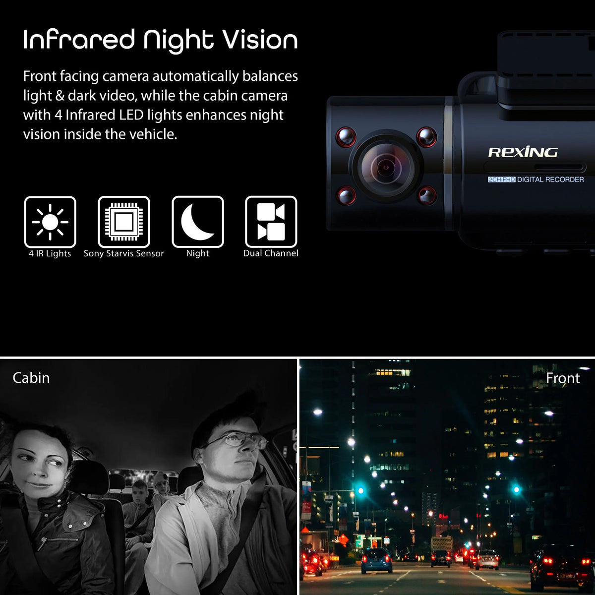 Rexing Dash and Cam Cabin Front V3 with Inside 1080P & Wi-Fi GPS