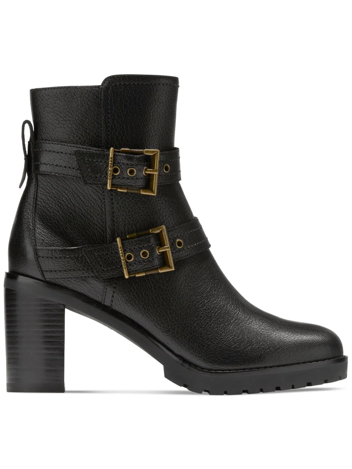 Foster Almond COLE Stacked HAAN 5 Womens Black B Leather Booties Zip-Up Toe Accent Heel Buckle