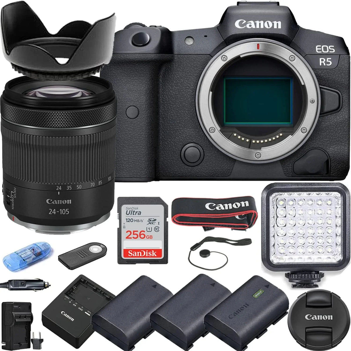 High 24-105mm + EOS Batteries, Canon Bundle R5 Card Lens, 256Gb Memory 3 Mirrorless for Accessories Speed IS f/4-7.1 STM LED Light, Kit Camera RF with Camera