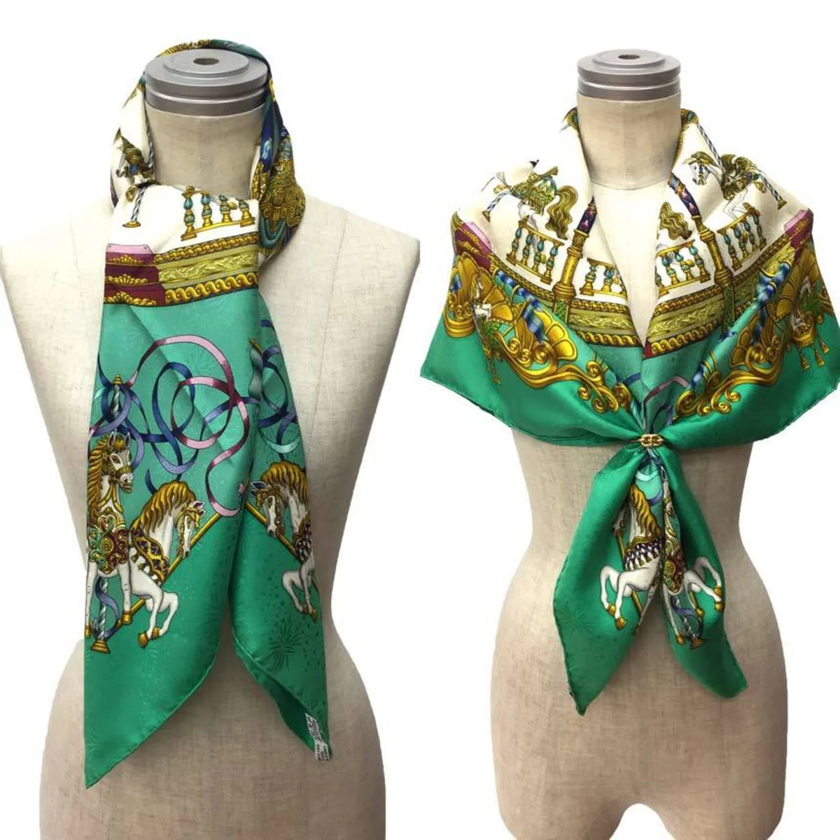 Embroidery Park Muffler Pre-Owned PARK Carousel LUNA (Good) Scarf 90 Amusement HERMES aq5159 Green Hermes Silk 100% Carre