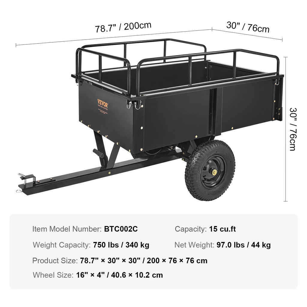 with Feet 15 750lb Steel Garden Capacity, Cart Heavy Trailer for Lawn Mower Tractor Trailer, Dump Utility Cubic Duty Riding