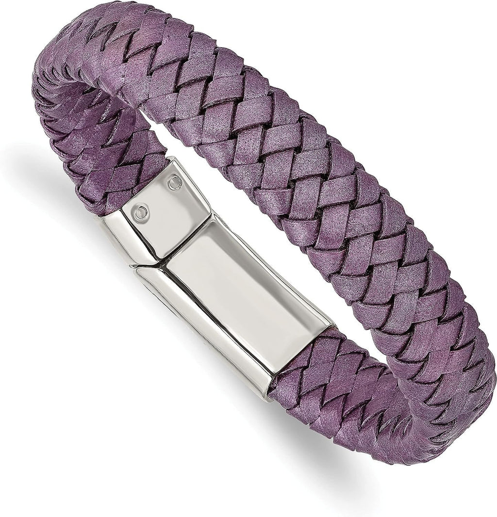 Leather Bracelet Polished Stainless Steel Braided - 7.5" Purple Chisel Metallic
